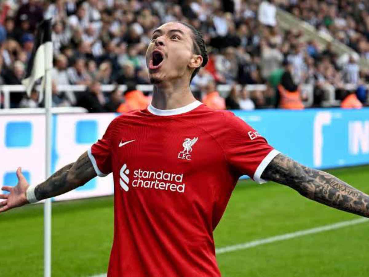 Darwin Nunez celebrating his stoppage-time winner against Newcastle.