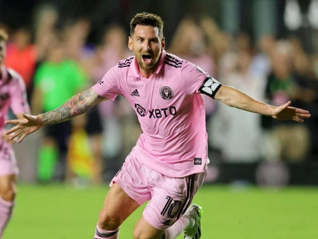 Lionel Messi celebrating after scoring a goal for Inter Miami.