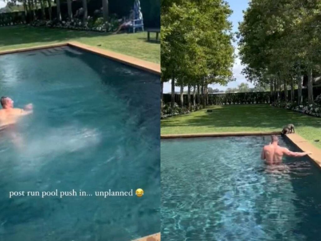 Rob Gronkowski’s ‘hot’ girlfriend Camille Kostek pushes him into the pool as the couple enjoy time off with their family
