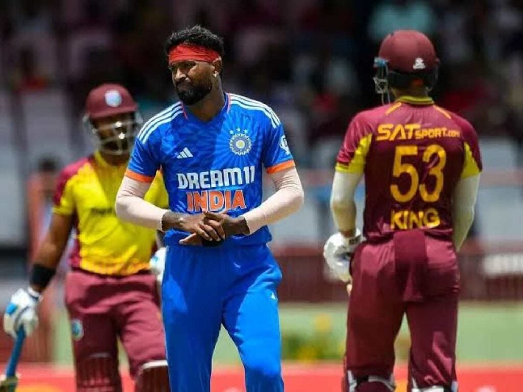 Nicholas Pooran shows off his BRUSIES after being hit by Brandon King's shot and Arshdeep Singh's delivery