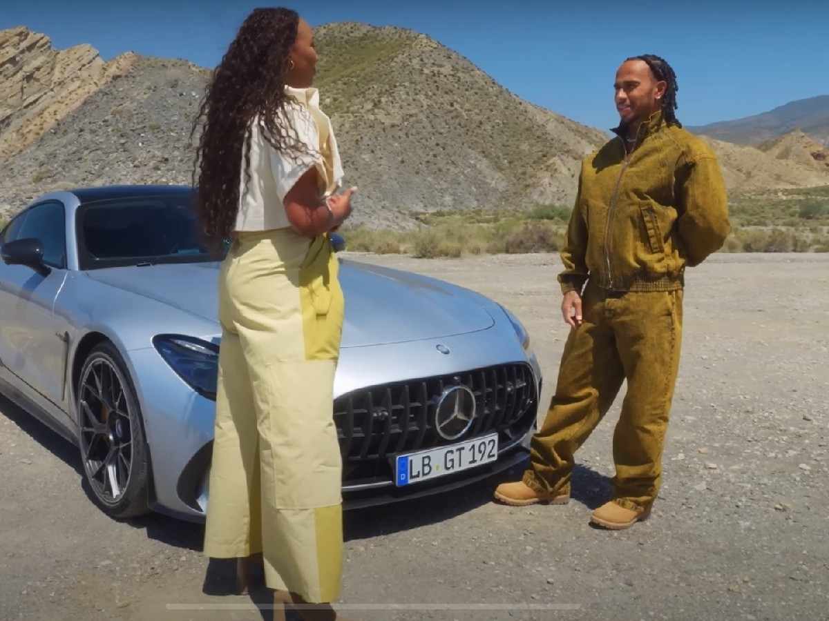 Lewis Hamilton talking to the host in the Mercedes AMG GT walkaround video (image via Mercedes-Benz)