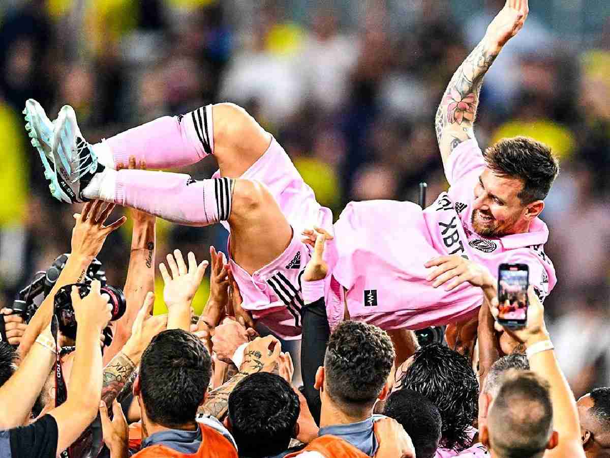 Inter Miami players pay special tribute to Lionel Messi after lifting him off the ground following Leagues Cup triumph 