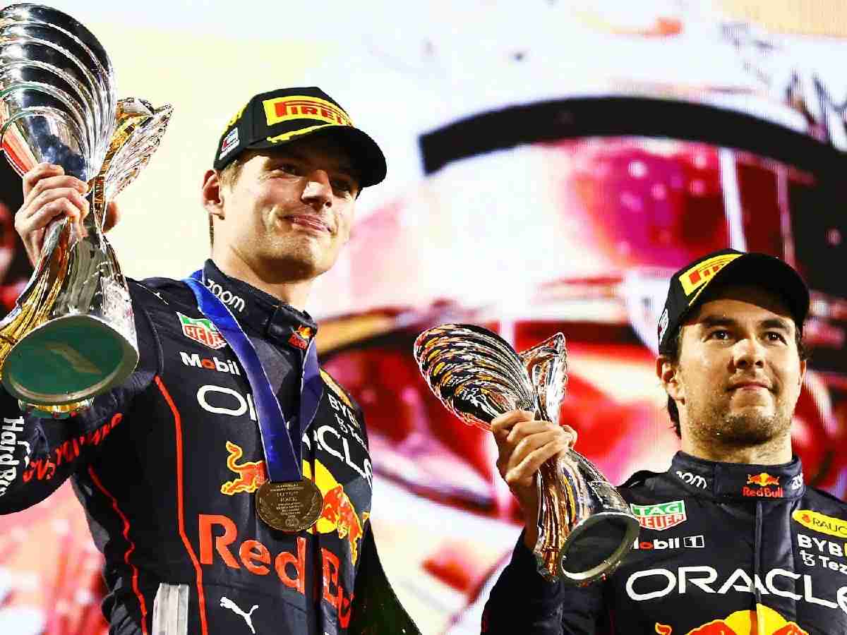 Max Verstappen and Sergio Perez on podium, 2023