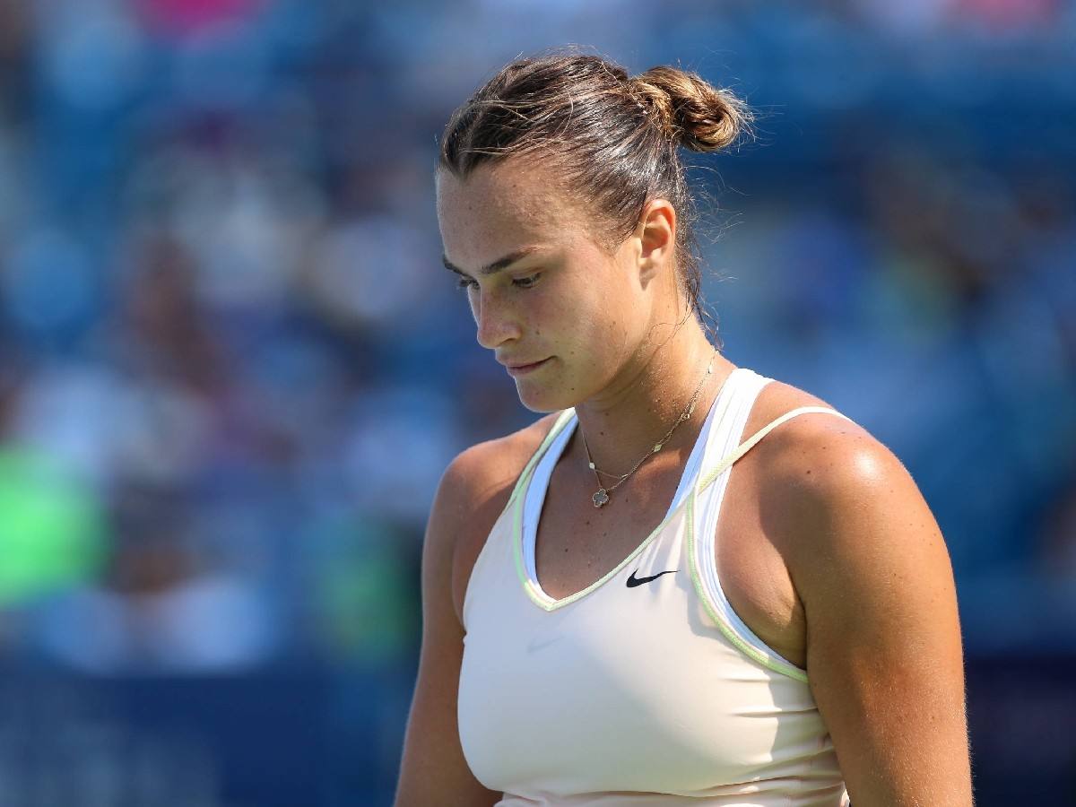 Aryna Sabalenka of Belarus walks across the court during the semifinal round at the Western & Southern Open at Lindner Family Tennis Center on August 19, 2023