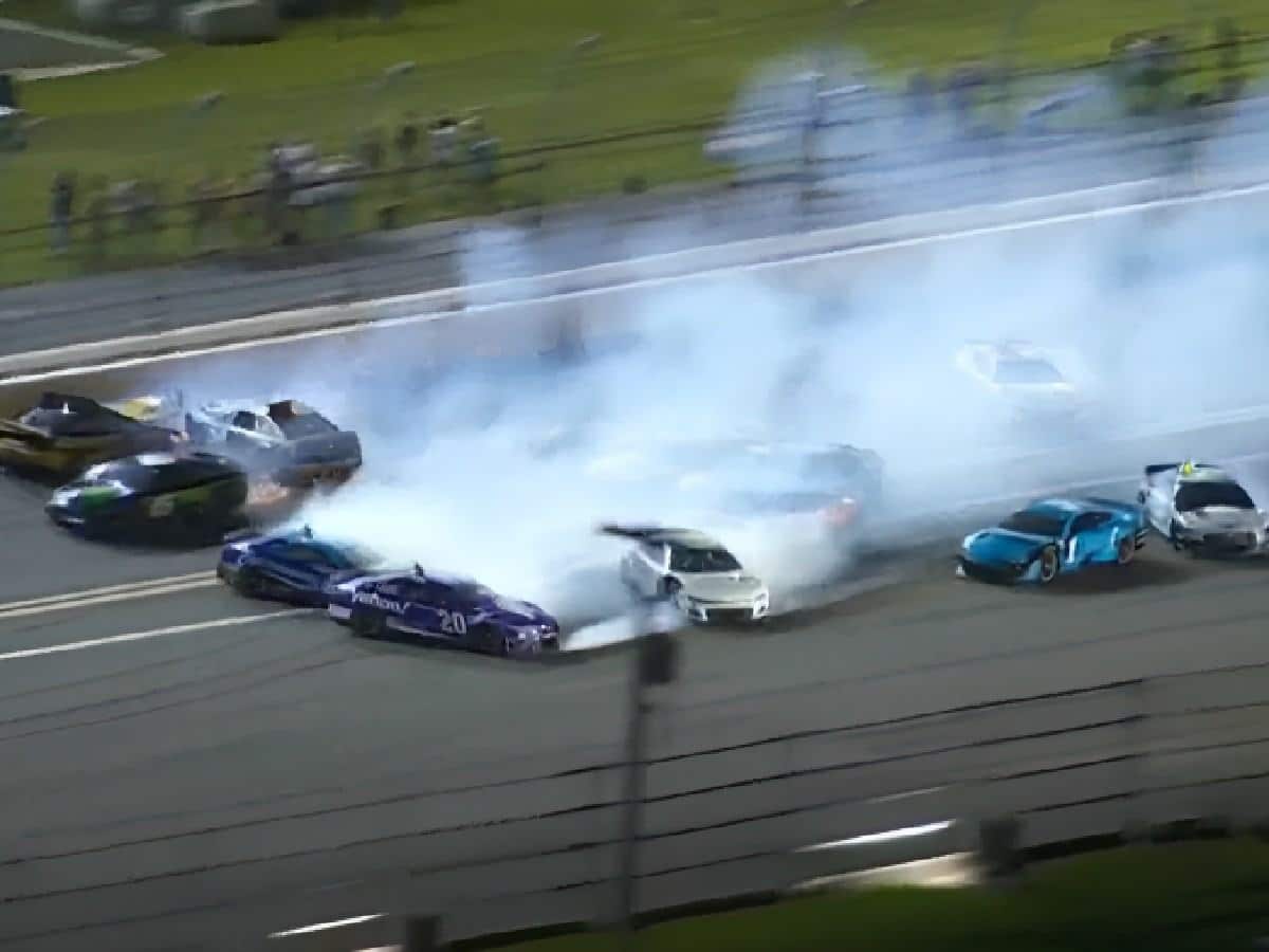 WATCH: “Doing the best Dale Earnhardt impression”- Fans go into frenzy over the multi-car mele involving Denny Hamlin and Kyle Larson at Daytona