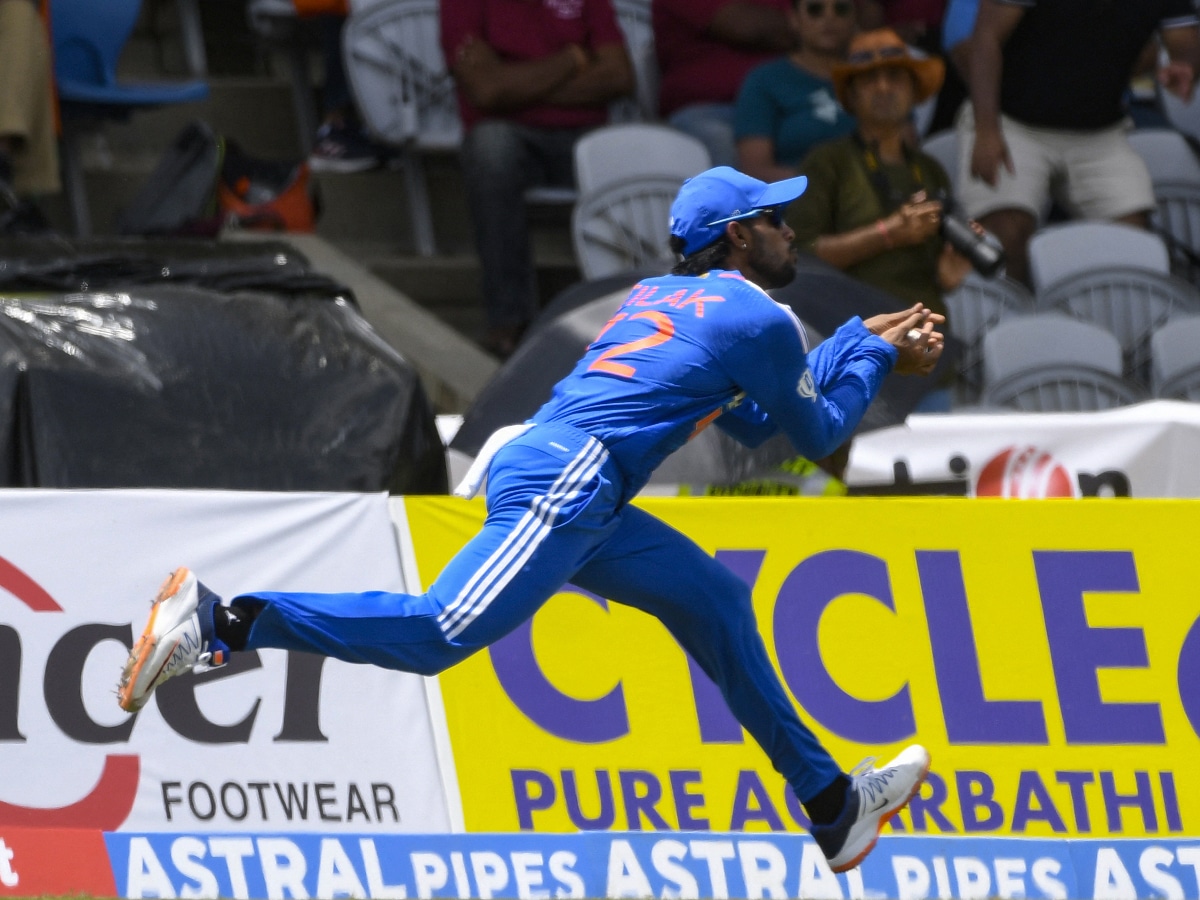 WATCH: Tilak Varma takes a spectacular catch running to his left to dismiss Johnson Charles during India vs West Indies 1st T20I