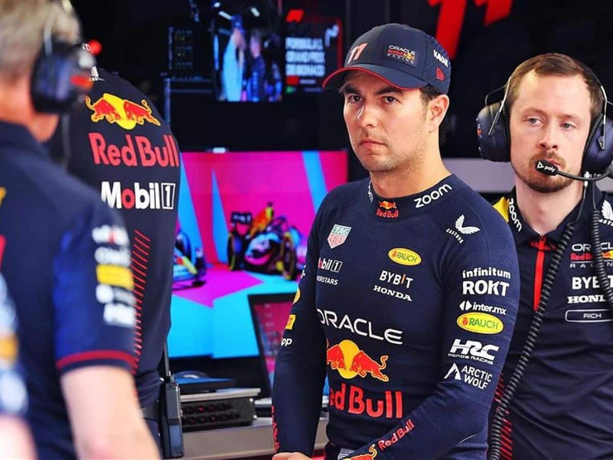 Sergio Perez in the Red Bull garage