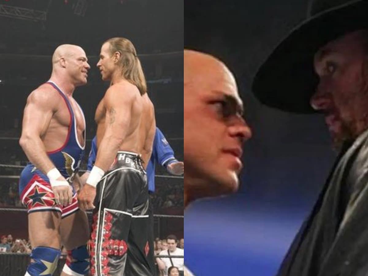 Kurt Angle face-to-face with Shawn Michaels and The Undertaker