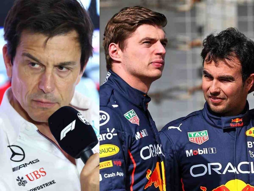 Toto Wolff, Max Verstappen and Sergio Perez