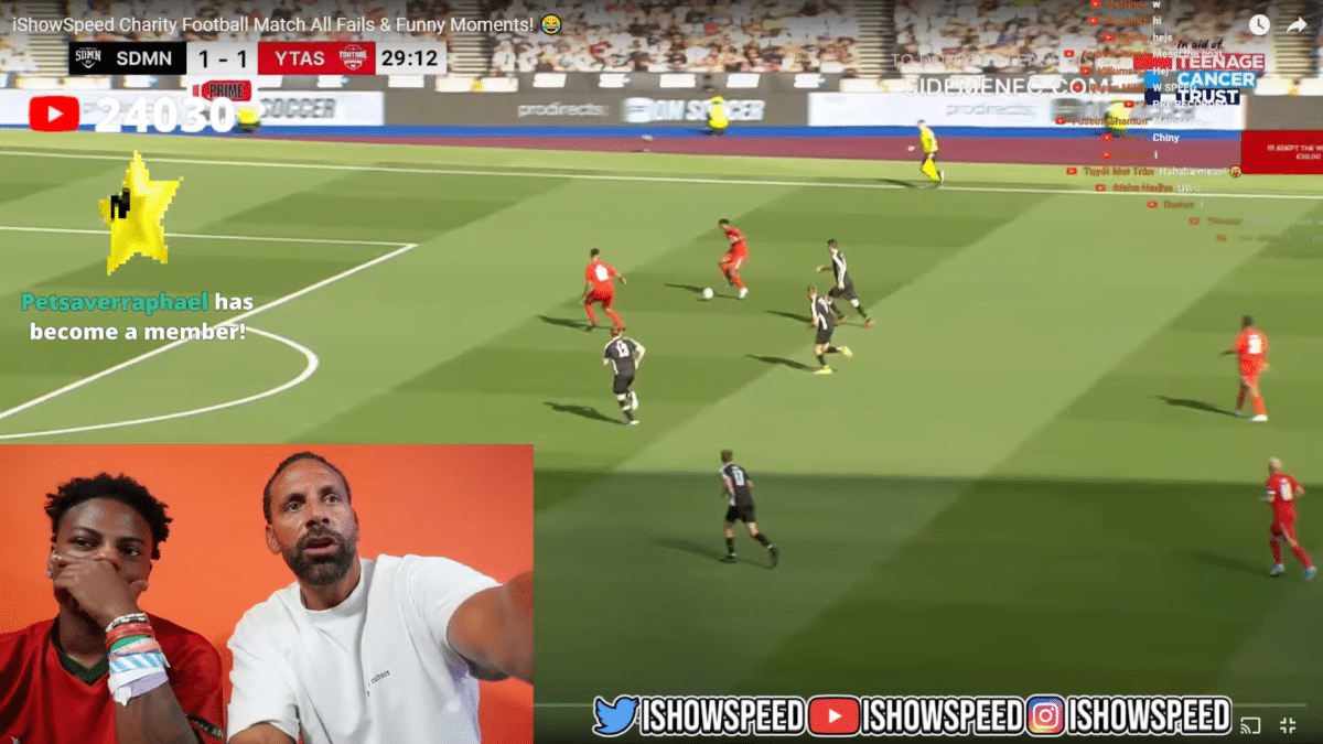 Watch: IShowSpeed gets former English footballer Rio Ferdinand to bark while watching the Sidemen Charity match on the livestream