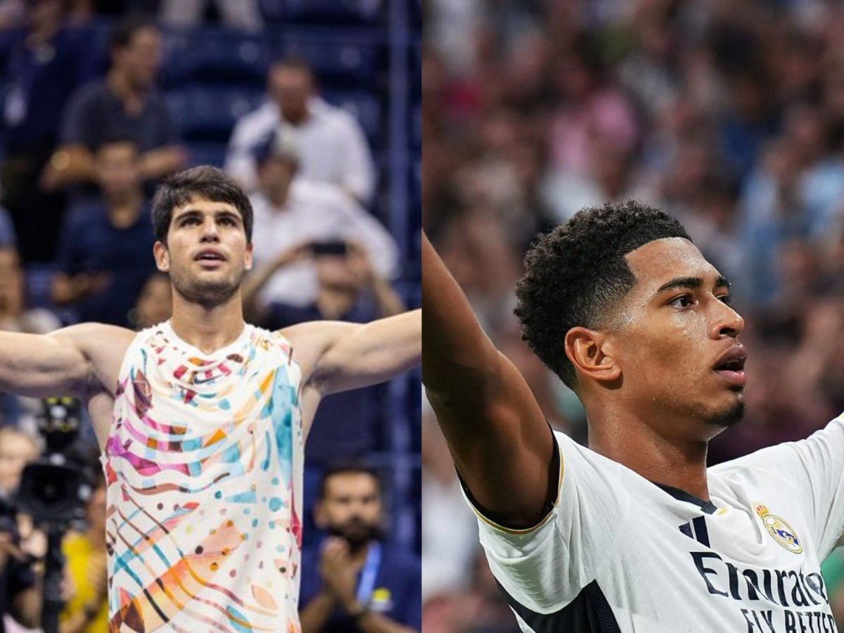 Real Madrid fan Carlos Alcaraz replicates Jude Bellingham’s ICONIC celebration after his victory over Alexander Zverev at US Open