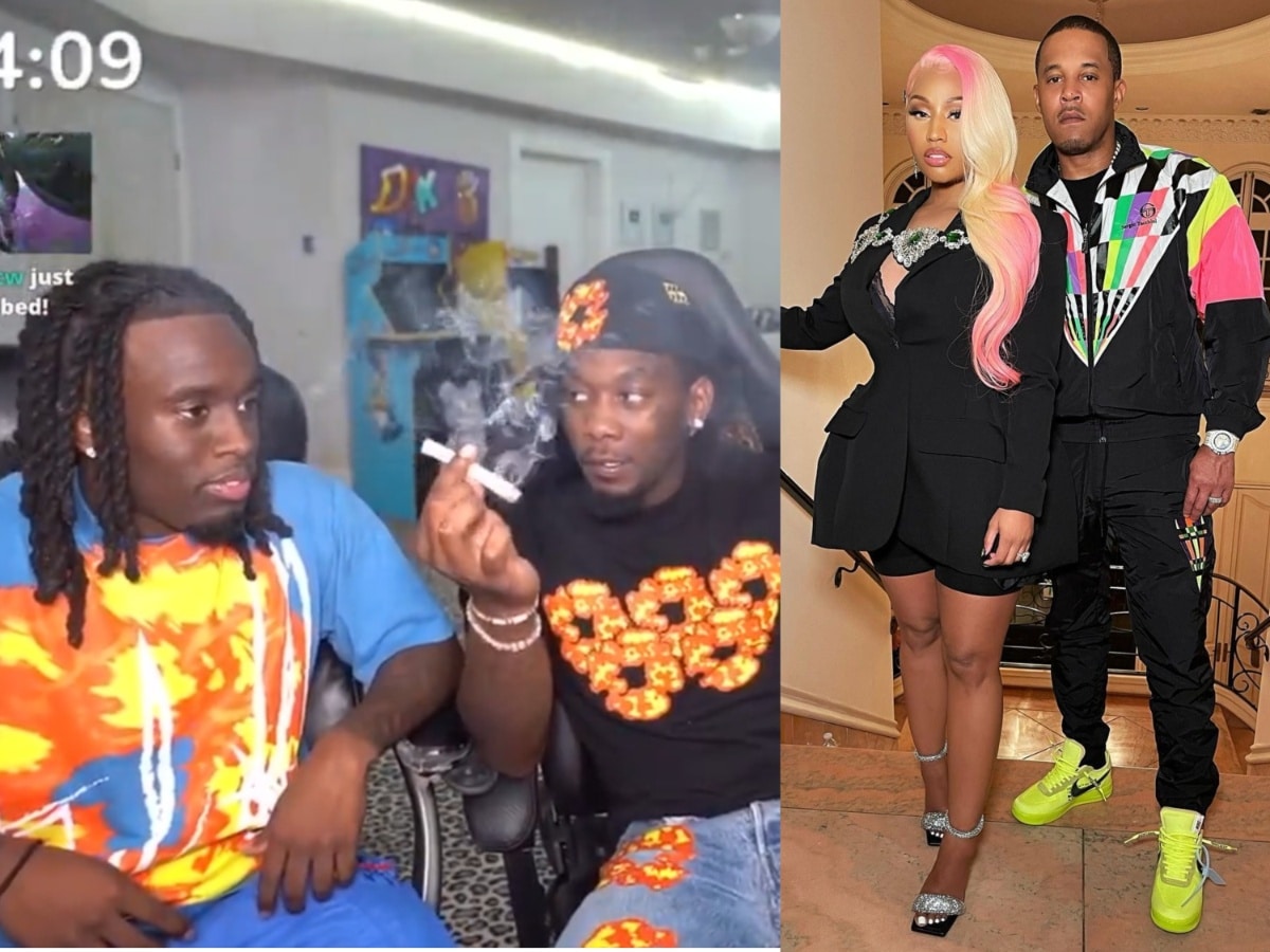 Watch: Nicki Minaj’s s*x offender husband “Big Zoo” hunts Offset with fellow goons while rapper smokes Zaza and dances with Kai Cenat on live stream