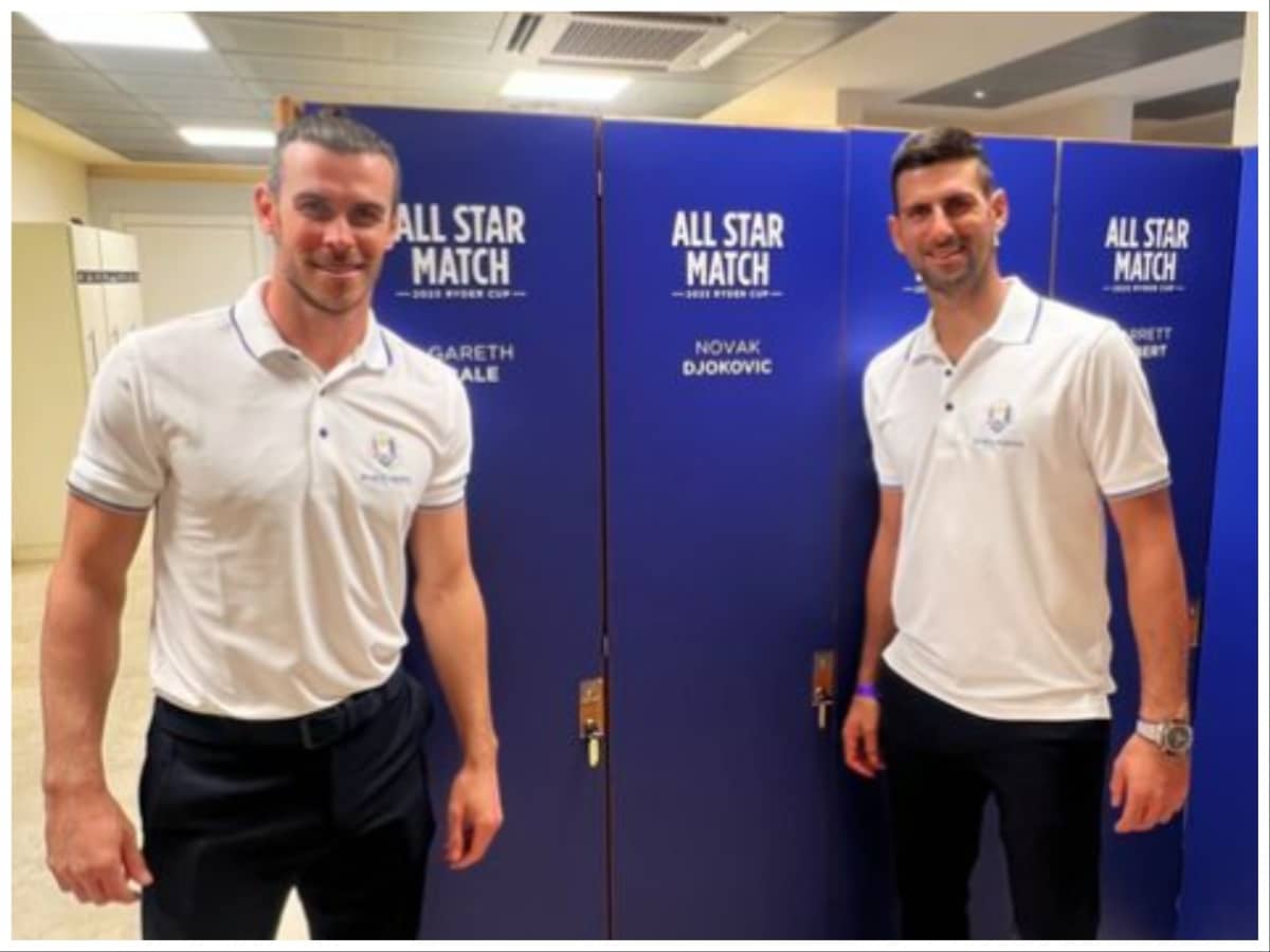 WATCH: Novak Djokovic hits a 100-yard shot onto the Green during the 2023 All-Stars match at the Ryder Cup 1 Novak Djokovic (R), Gareth Bale (L) (Via Instagram)