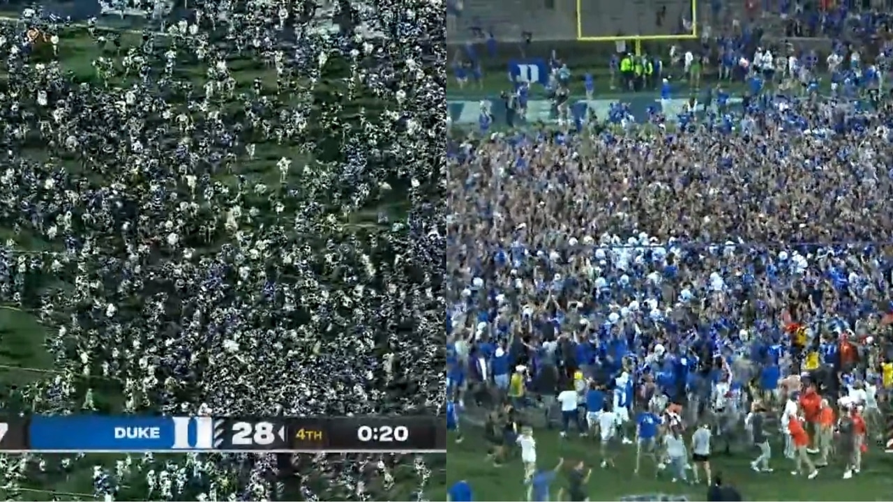 WATCH: Duke players STORM off the field as fans swamp the ground causing MAYHEM following the team’s ‘historic’ win over Clemson