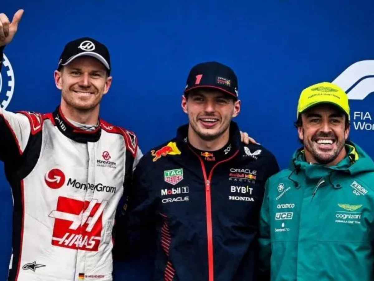 Nico Hulkenberg with Max Verstappen and Fernando alonso after his front row start