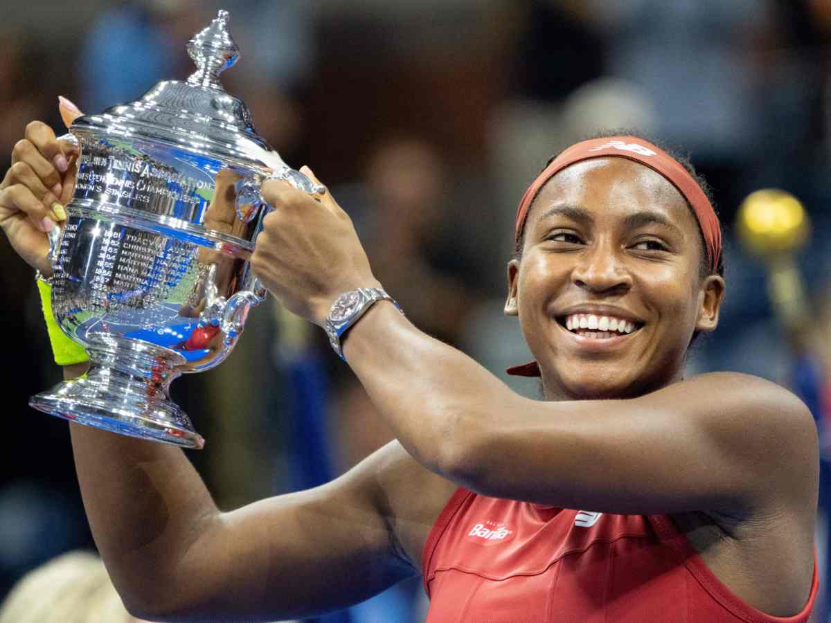 Coco Gauff of the United States celebrates during the awarding ceremony for the women s singles at the 2023 US Open tennis