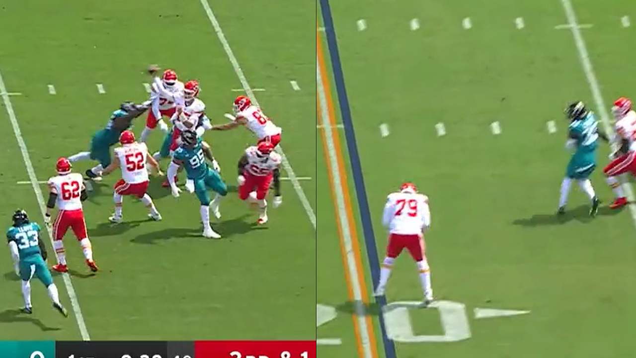 WATCH: “So sick of his receivers!”- Patrick Mahomes gets TROLLED on social media for ‘illegally’ throwing the football at linesman Donovan Smith