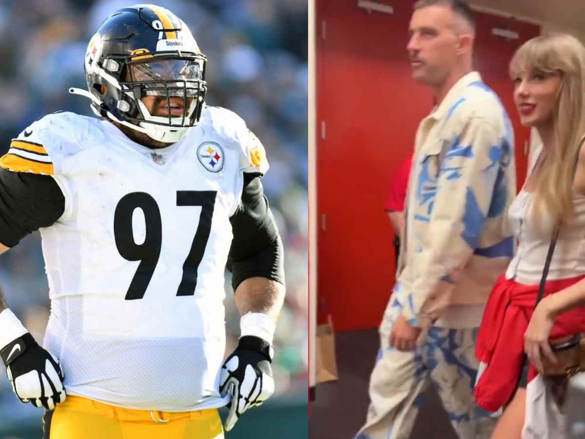 Cam Heyward (L) and Travis Kelce and Taylor Swift (R)