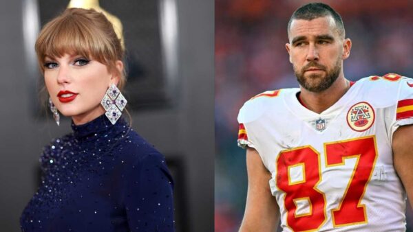 Taylor Swift (L) and Travis Kelce (R)