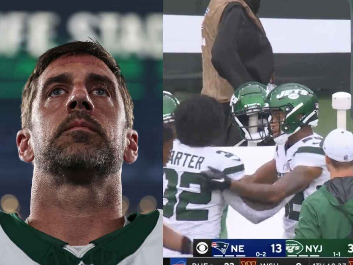 Aaron Rodgers (L) and Jets players arguing (R)