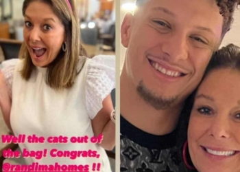 Randi Mahomes (L) and Patrick Mahomes with Randi (R)