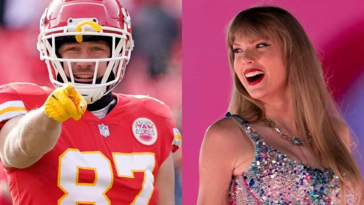 WATCH: Travis Kelce doing Taylor Swift’s signature ‘arrow’ before kickoff goes viral as rumors of a brewing love story intensifies
