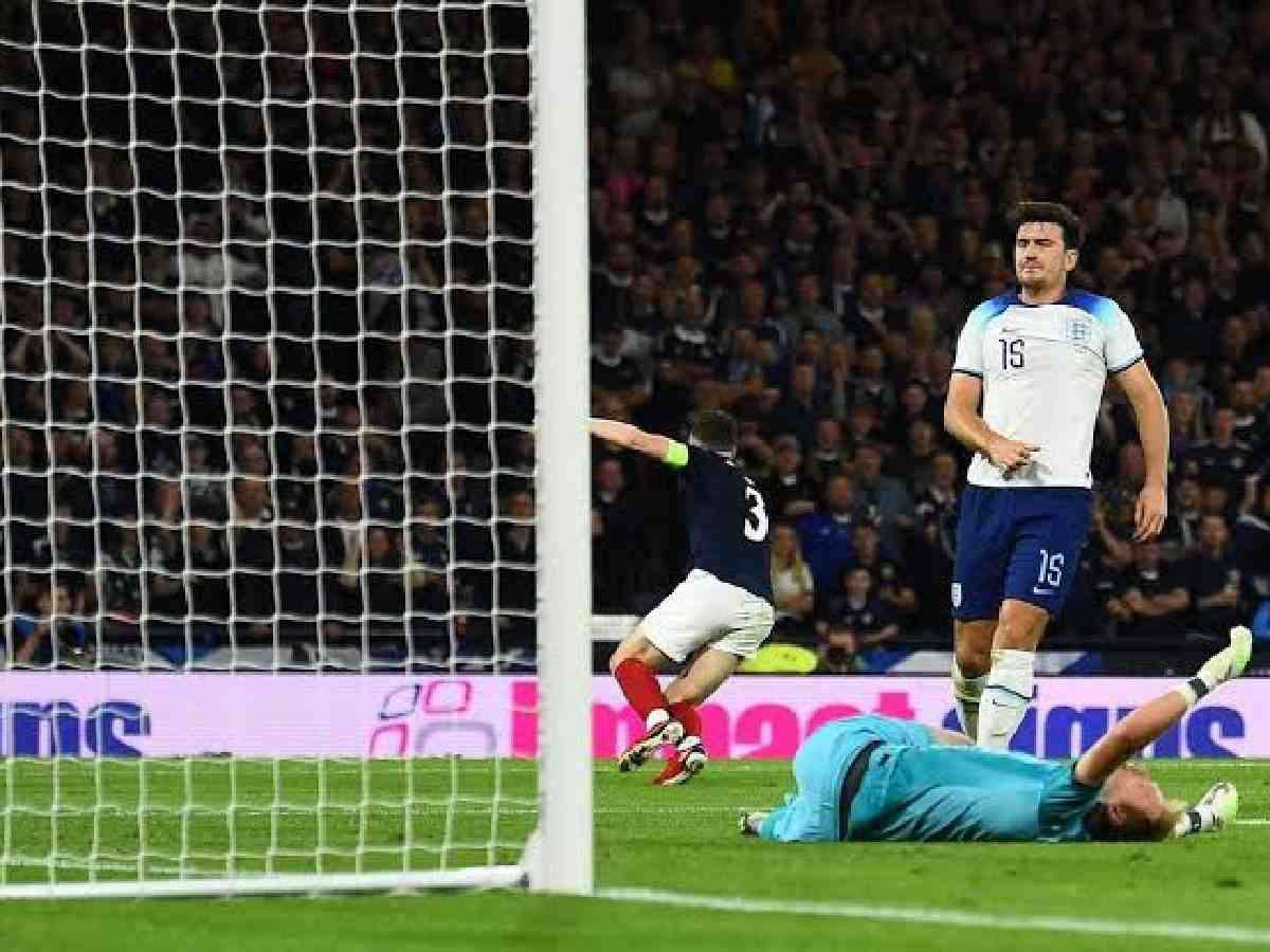 WATCH: “The worst professional footballer ever”- Fans ruthlessly trolls Harry Maguire as he scores an own goal 20 minutes after coming on against Scotland