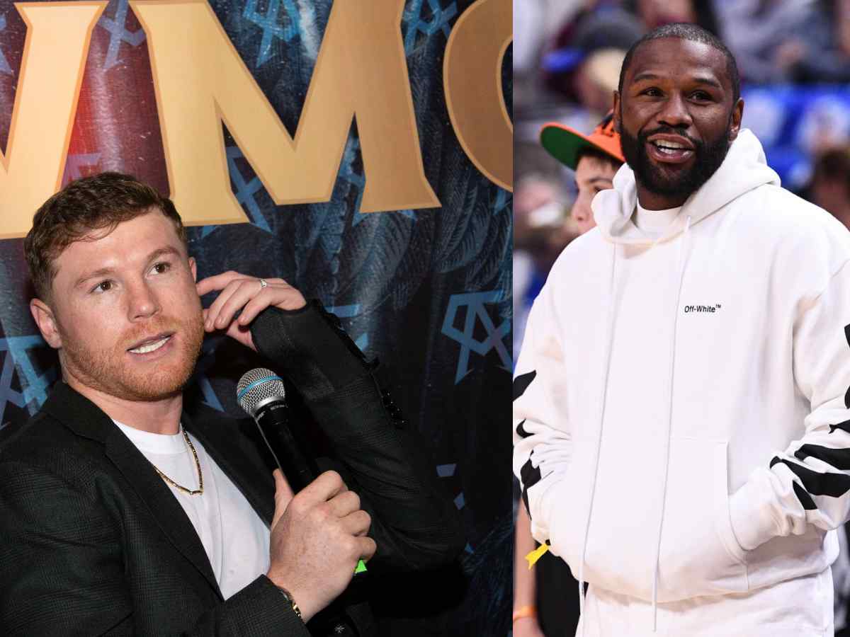 “Biggest ego in the arena” – Fans react as ICONIC picture of Floyd Mayweather congratulating Canelo Alvarez after historic win against Jermell Charlo goes viral 