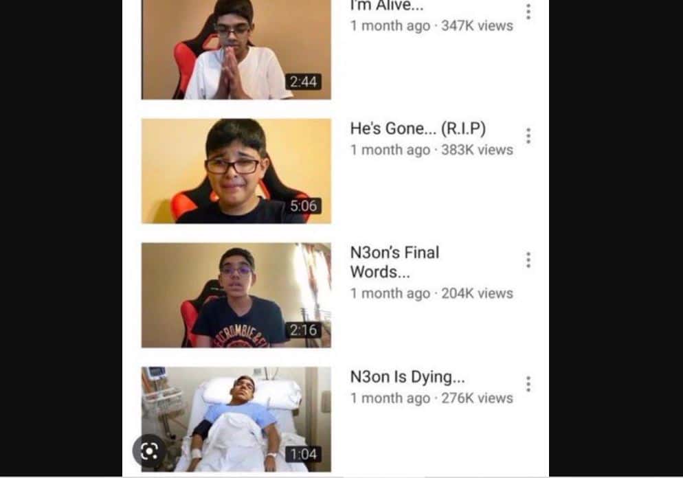 N3on's videos on YouTube faking his death