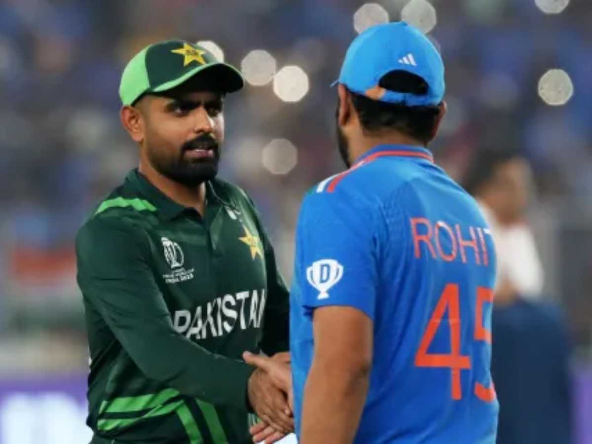 Pakistan captain Babar Azam and India's Rohit Sharma have a post-game handshake