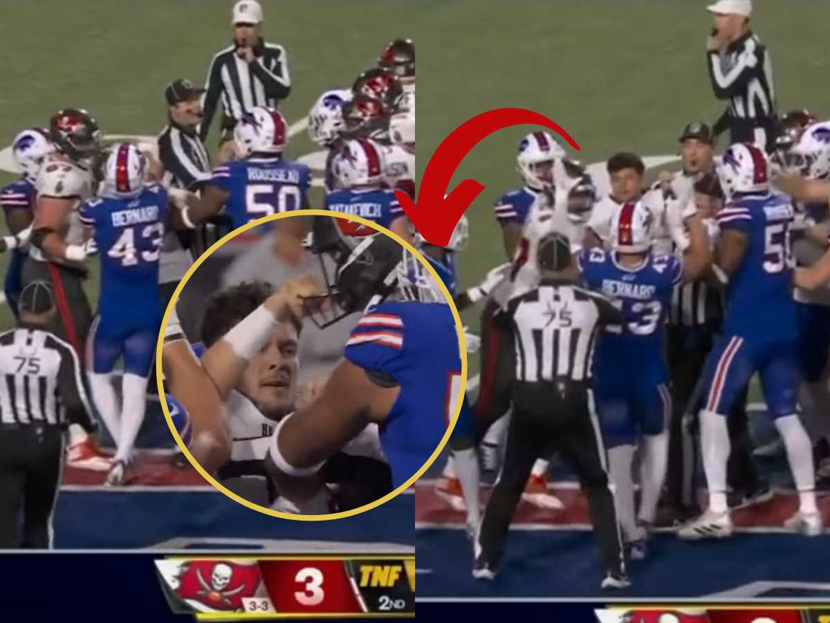 WATCH: Bucs punter Jake Camarda attacks Bills players with his helmet mid-game in front of three referees