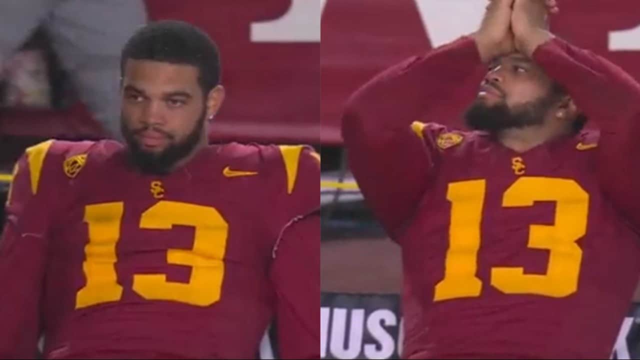 WATCH: USC QB Caleb Williams looks DISTRAUGHT on sidelines after losing two games in a row bringing an end to their playoff hopes