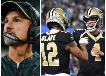 Dennis Allen, Chris Olave and Derek Carr
