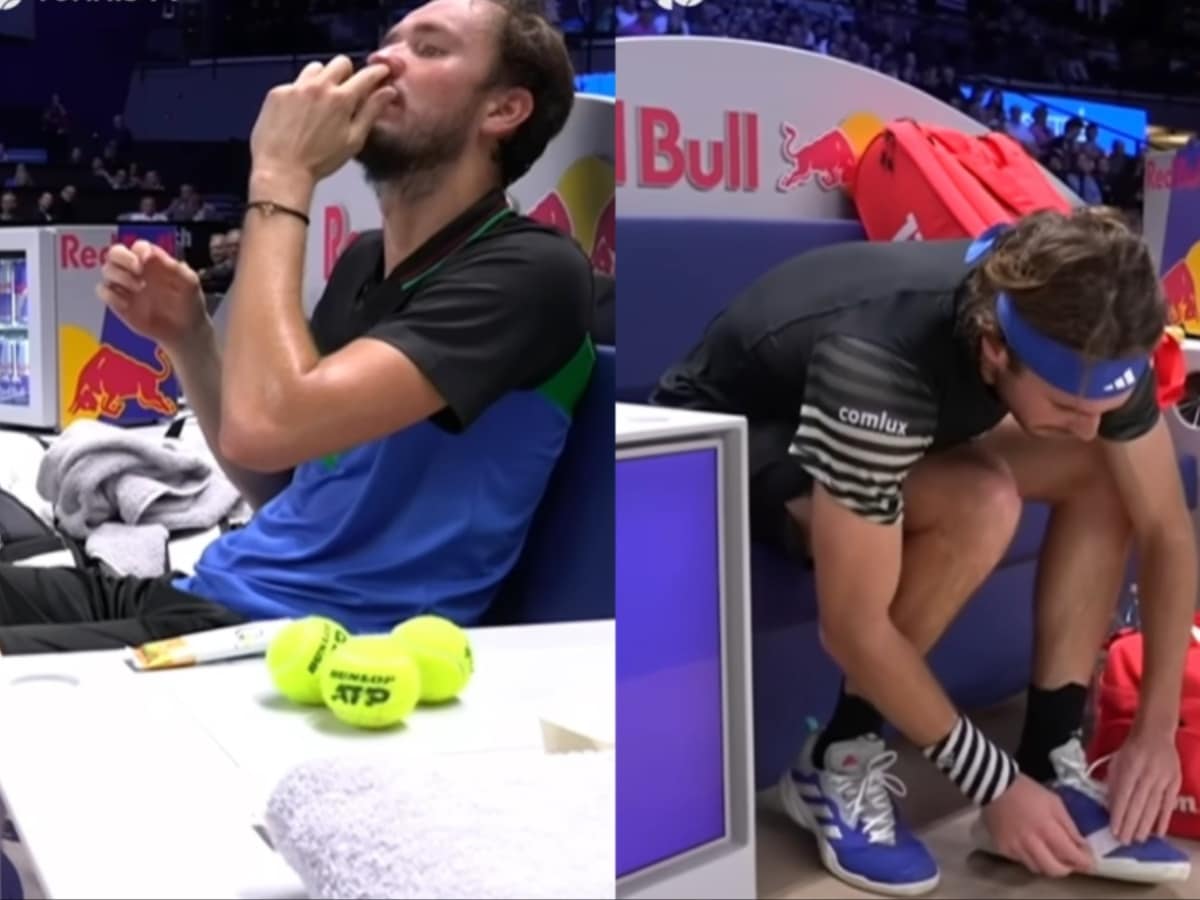 WATCH: Daniil Medvedev treats his bleeding nose while Stefanos Tsitsipas repairs his shoes during the changeover in Vienna