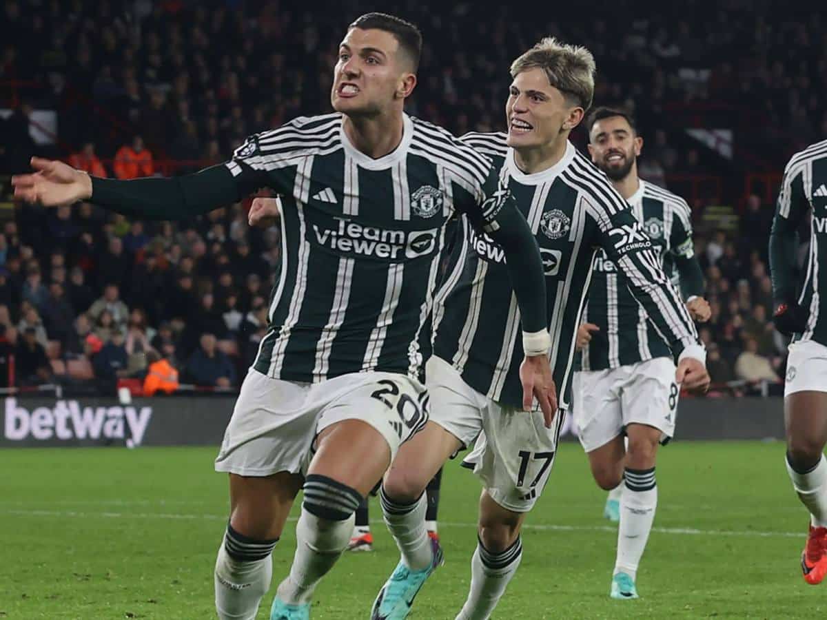 Diogo Dalot celebrating after scoring against Sheffield United