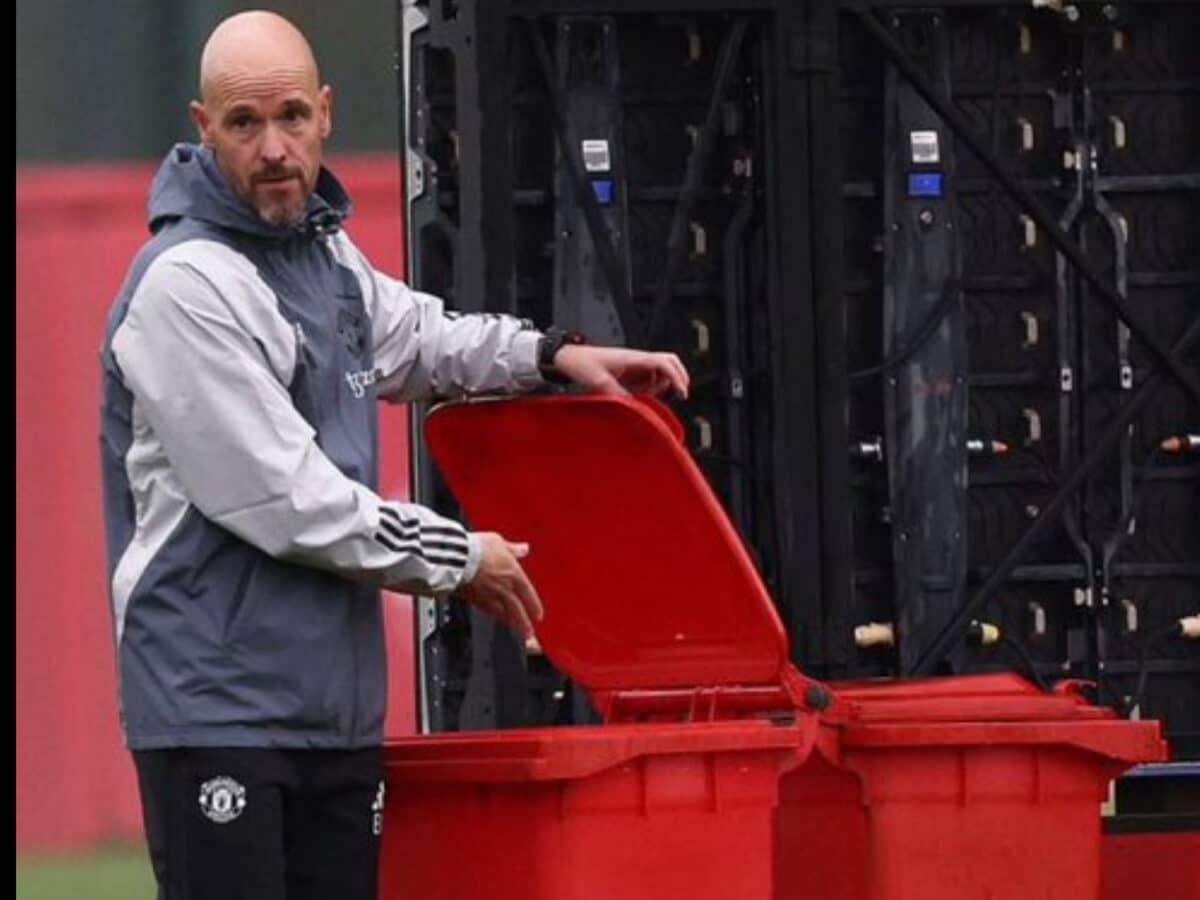 Erik ten Hag with a trash can at Carrington