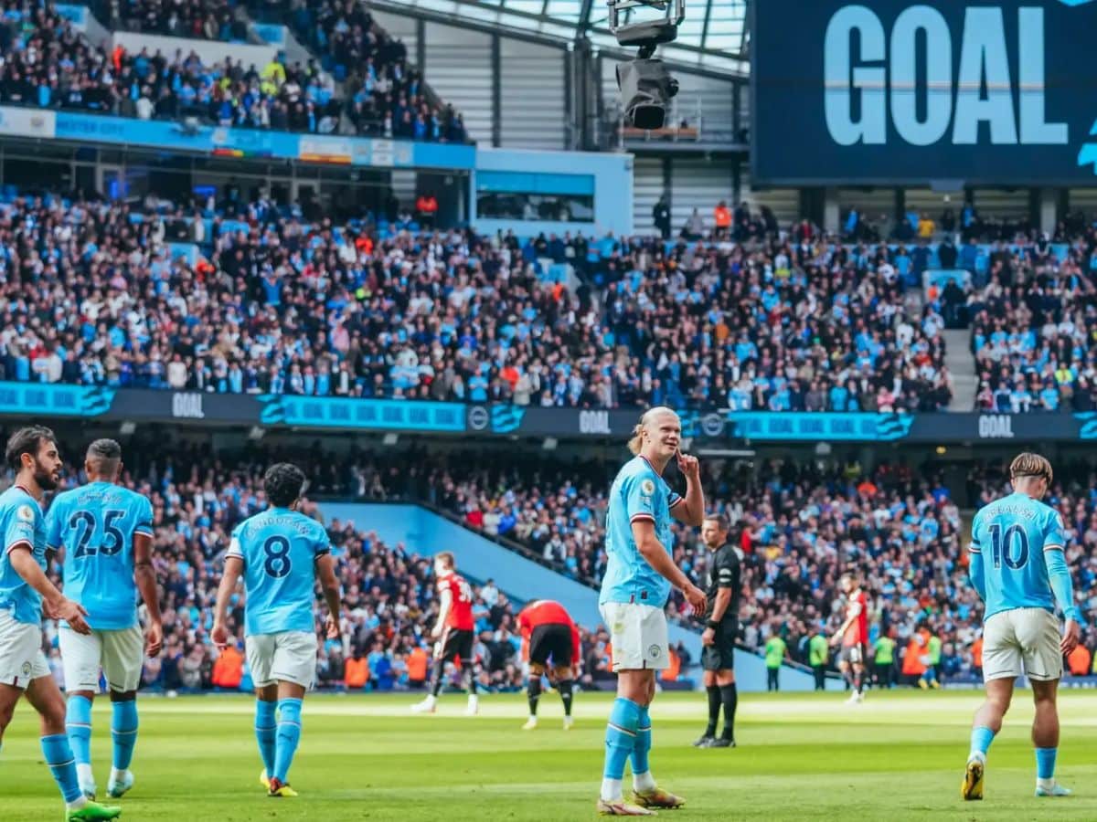 Erling Haaland celebrating after scoring a hattrick against Manchester United in last season's derby