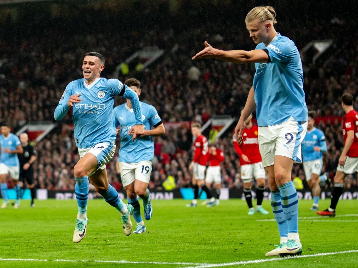 Erling Haaland shows Phil Foden where to Celebrate after assisting him 