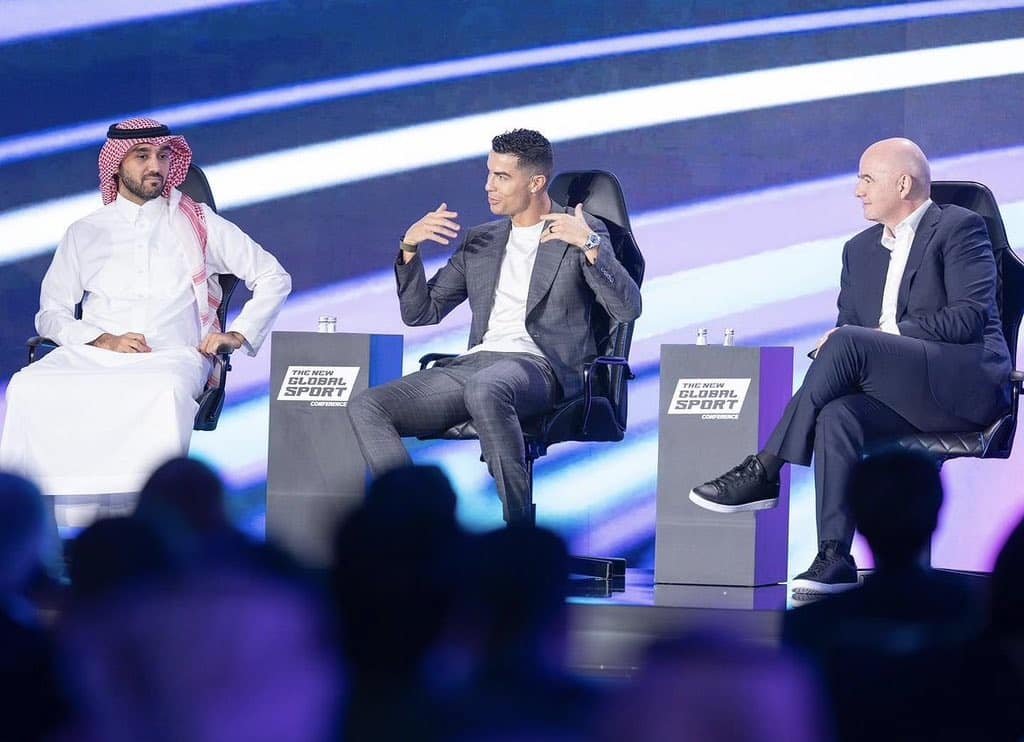 Saudi Arabia's Crown Prince Mohammed bin Salman bin Abdulaziz and Footballer Cristiano Ronaldo announce the Esports World Cup in 2024