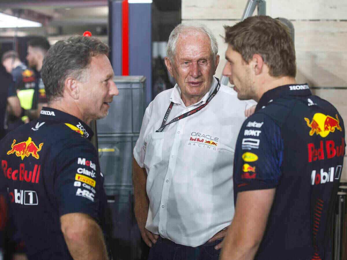 Christian Horner, Helmut Marko and Max Verstappen