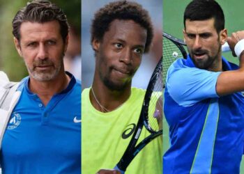 Patrick Mouratoglou (L), Gael Monfils (M), Novak Djokovic (R)