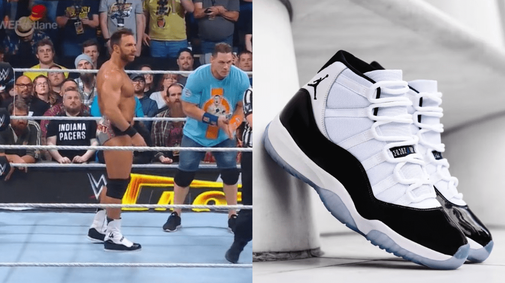 LA Knight wearing Air Jordan 11-inspired boots for his match at Fastlane 