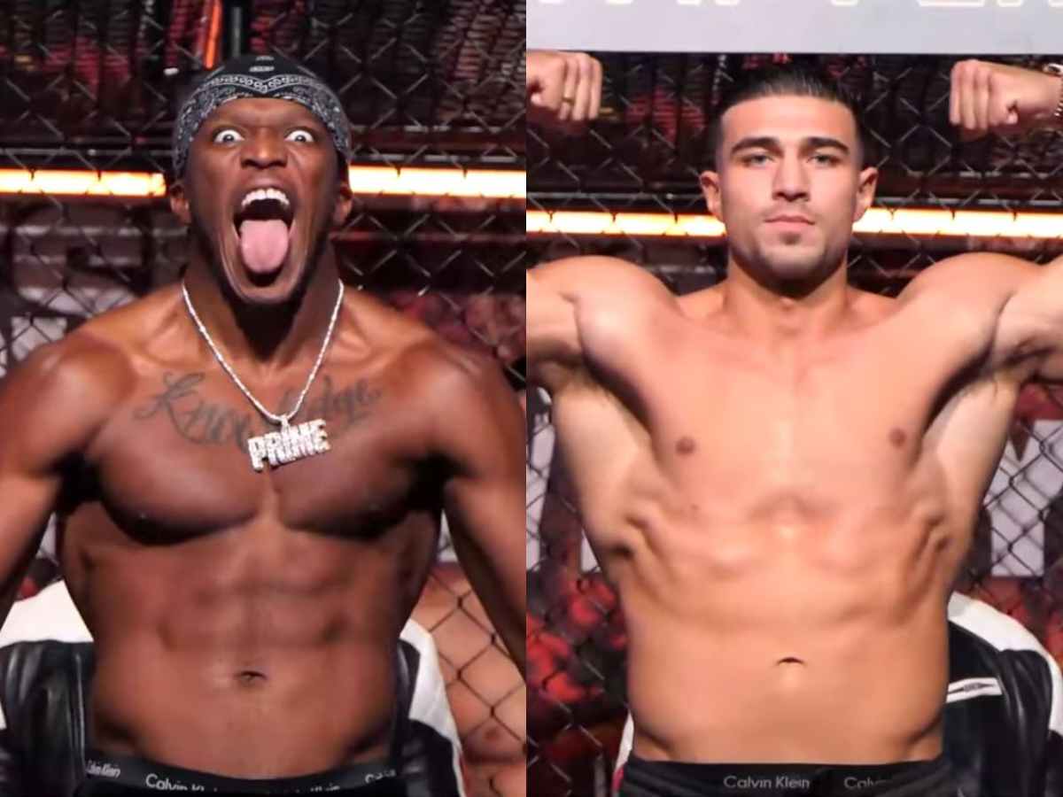 Watch: Tommy Fury and KSI go WILD during their face-off and try to rip apart the cage to get their hands on each other before their big fight