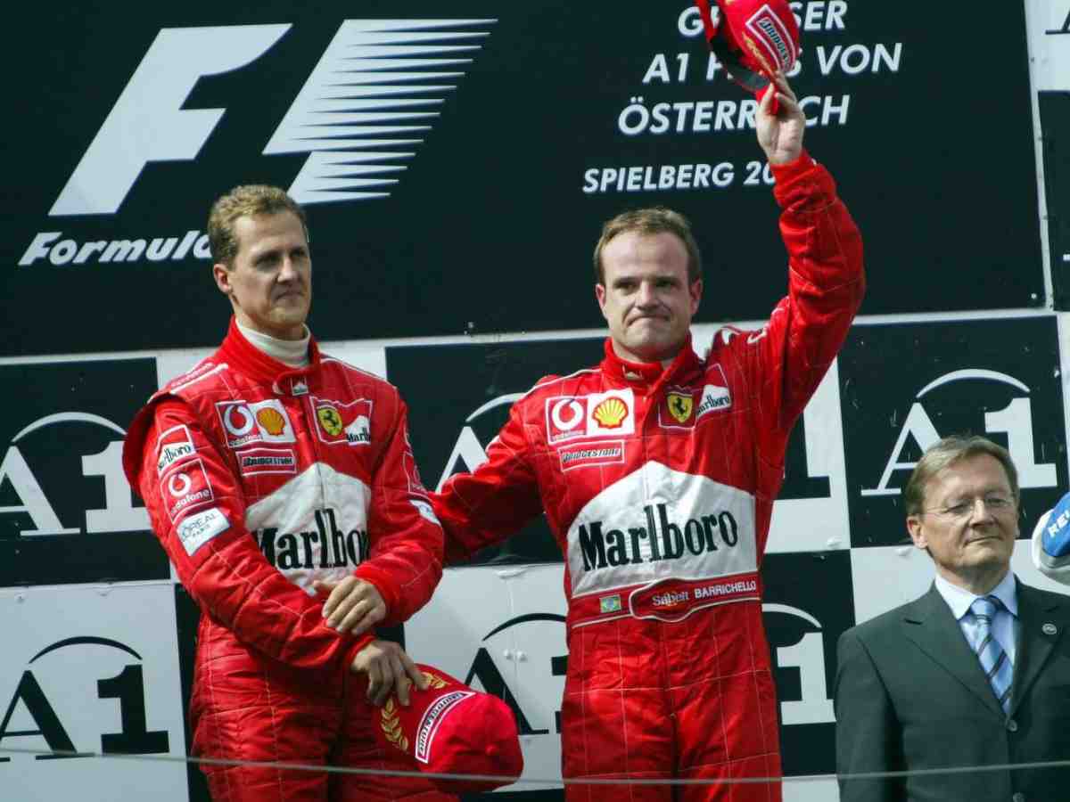 Michael Schumacher and Rubens Barrichello on the Austrian GP podium in 2002 