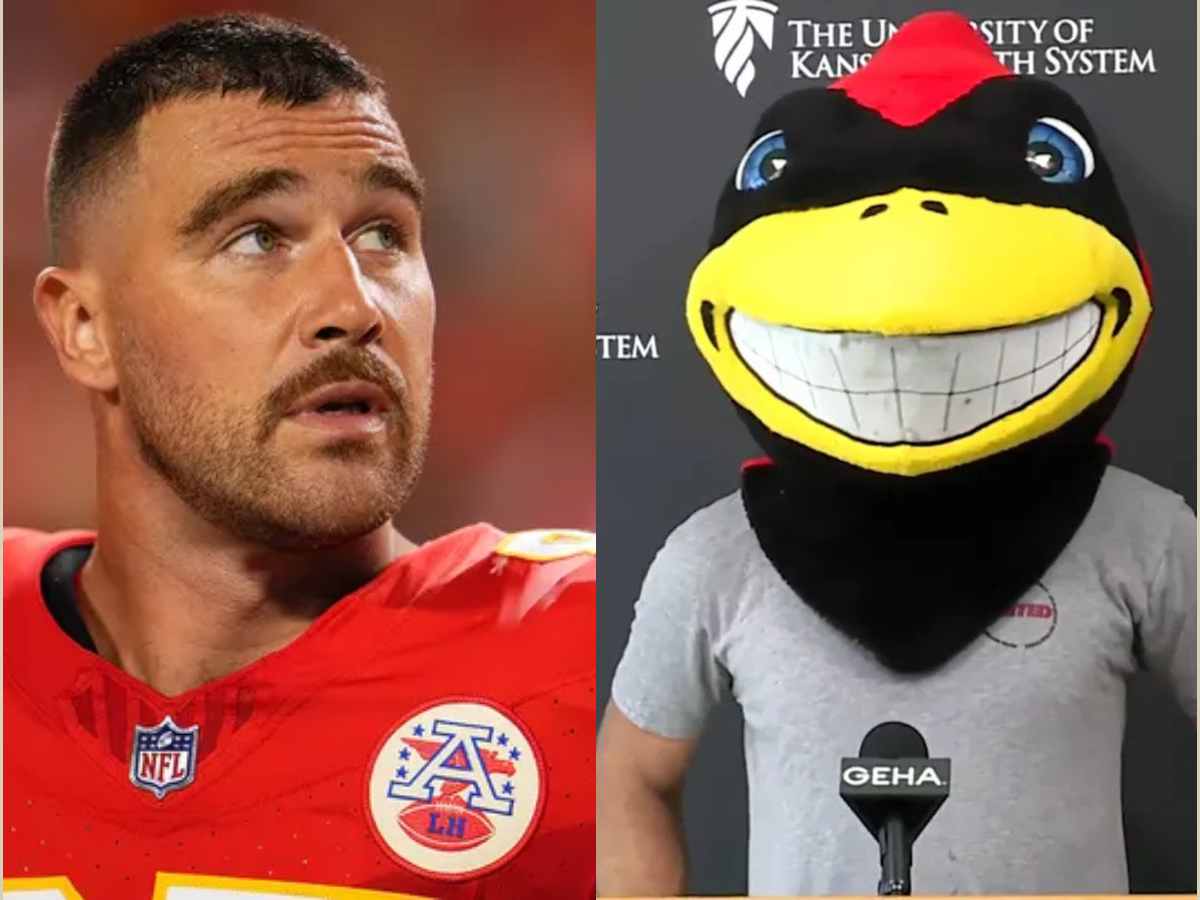 WATCH: Travis Kelce wears Iowa State Cyclones mascot head after losing a bet