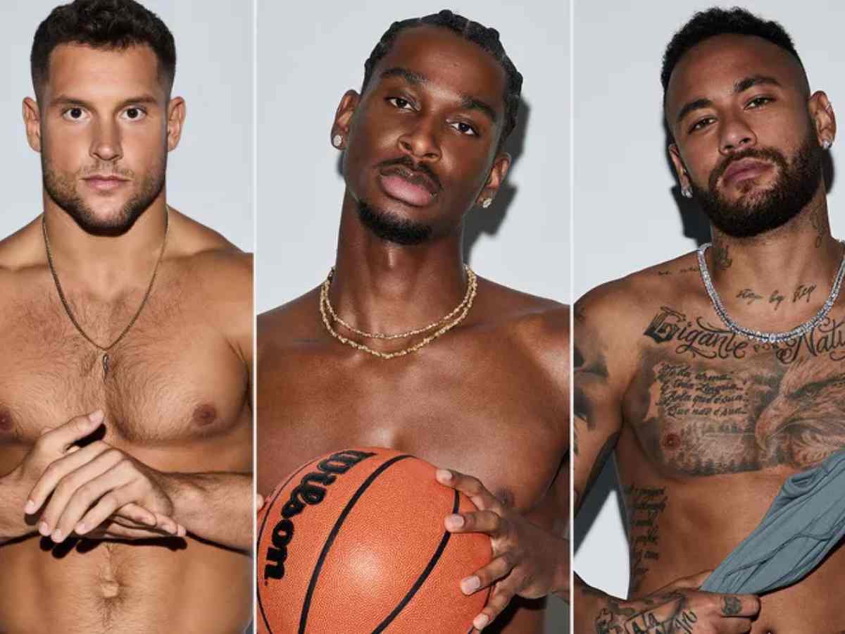 Kim Kardashian's promo for her menswear brand featuring L-R: Nick Bosa, Shai Gilgeous-Alexander and Neymar Jr.