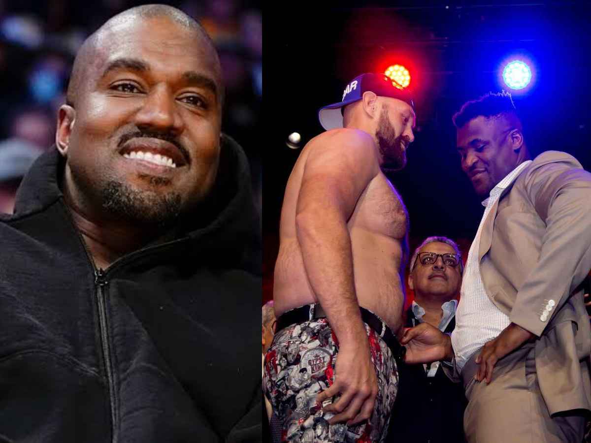 “Wearing his own version of hijab” – Fans lose it as rapper Kanye West shows up with unique fashion to Tyson Fury vs. Francis Ngannou boxing match