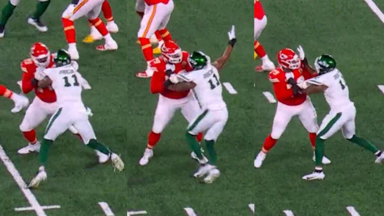 “Trash a** refs!” – Jets DE Jermaine Johnson getting held with Chiefs not getting any penalty on a crucial 3rd down has fans calling the league rigged in Patrick Mahomes’ favor