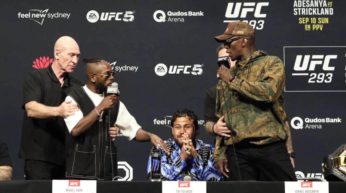 Manel Kape and Israel Adesanya have a heated argument during UFC 293 pre fight conference.