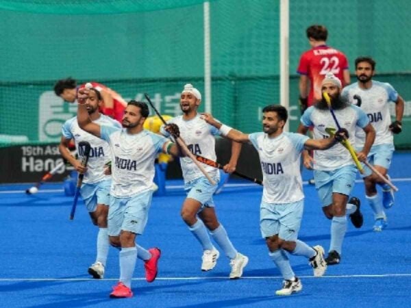 Indian men's hockey team celebrate after scoring a goal against Japan in the gold medal match at the 2022 Asian Games.